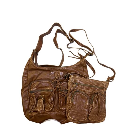 Set of 2 Faux Brown Leather Shoulder & Crossbody Bags Purses Boho Western - Picture 1 of 6